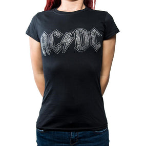ACDC - Logo Silver Diamante Womens Black Shirt - COMING SOON