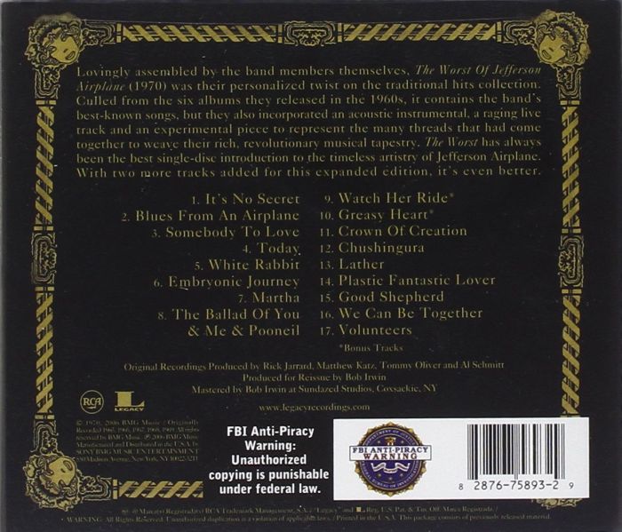 Jefferson Airplane - Worst Of Jefferson Airplane, The (2006 reissue with 2 bonus tracks) - CD - New