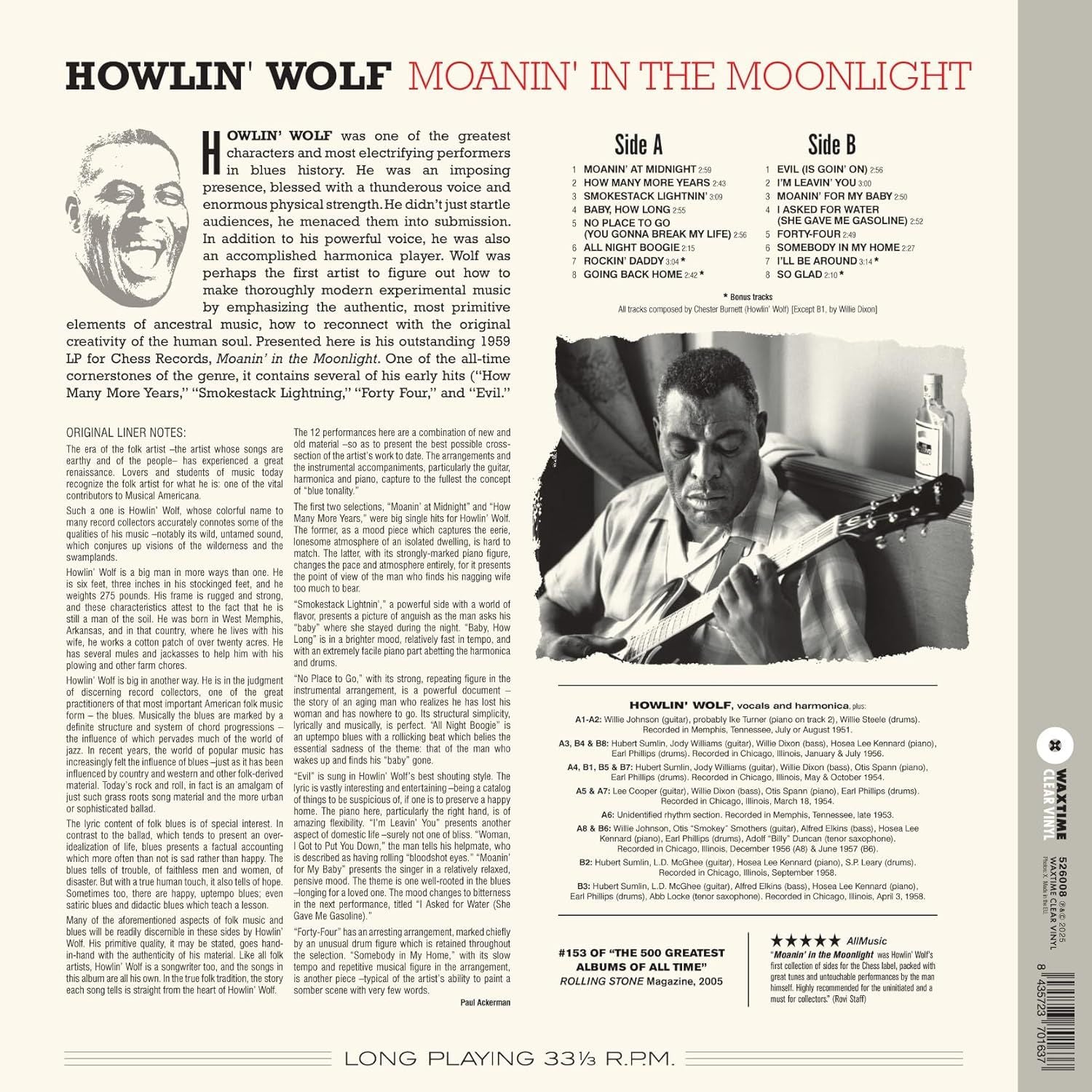 Howlin' Wolf - Moanin' In The Moonlight (Ltd. Ed. 2025 180g Crystal Clear virgin vinyl reissue) - Vinyl - New