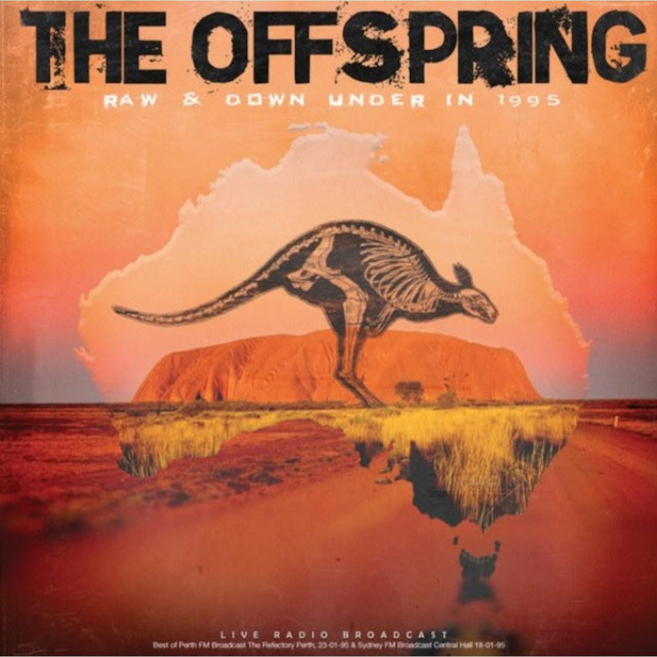 The Offspring Raw & Down Under in 1995 live album artwork featuring an orange outback landscape with Uluru, a skeletal kangaroo illustration and distressed title text, 180g vinyl live radio broadcast release available from Utopia Records.