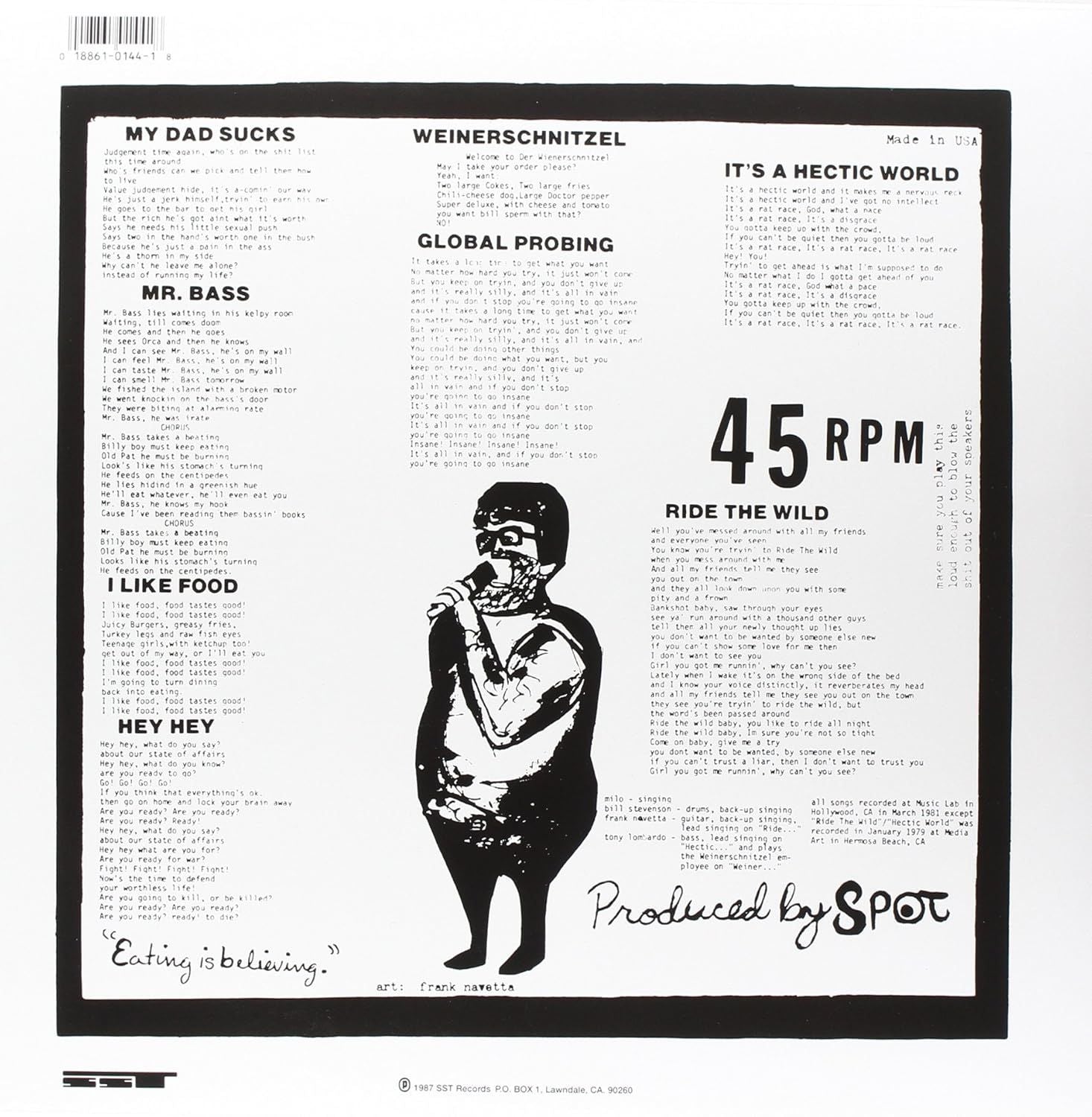 Back cover of Descendents Bonus Fat 12 inch EP vinyl featuring a black and white layout with full lyrics, track listings, cartoon Milo illustration, 45 RPM text, Produced by Spot credit and SST Records details, classic hardcore punk vinyl release available from Utopia Records.