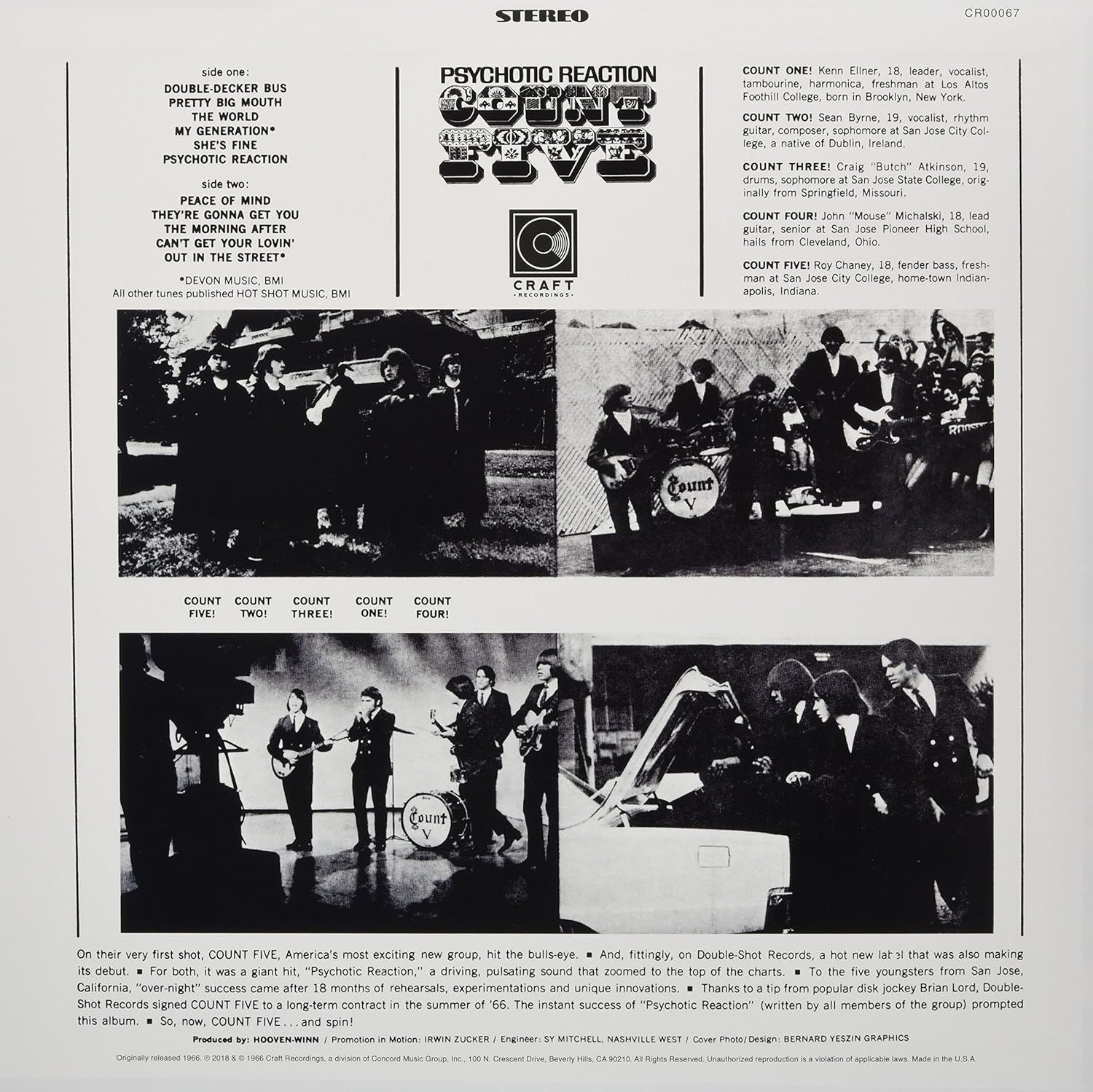 Back cover of Count Five Psychotic Reaction album featuring black and white band photos, full tracklist, member credits, and Craft Recordings logo, classic 1960s garage rock artwork available from Utopia Records.