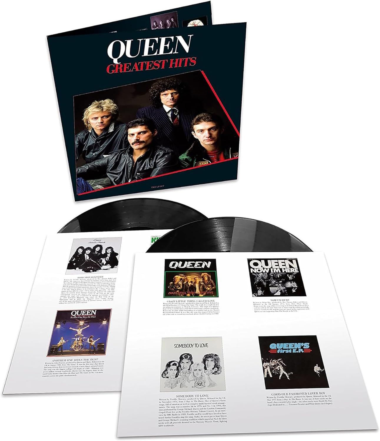 Queen Greatest Hits deluxe vinyl edition featuring the classic band portrait cover, two black vinyl LPs, and printed inner sleeves with artwork and track notes, iconic rock compilation available from Utopia Records.