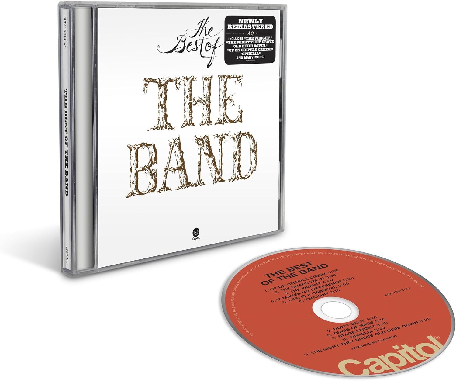 The Best of The Band remastered CD featuring a white cover with rustic hand-drawn typography, classic Capitol Records disc with red label and printed tracklist, iconic rock compilation album available from Utopia Records.