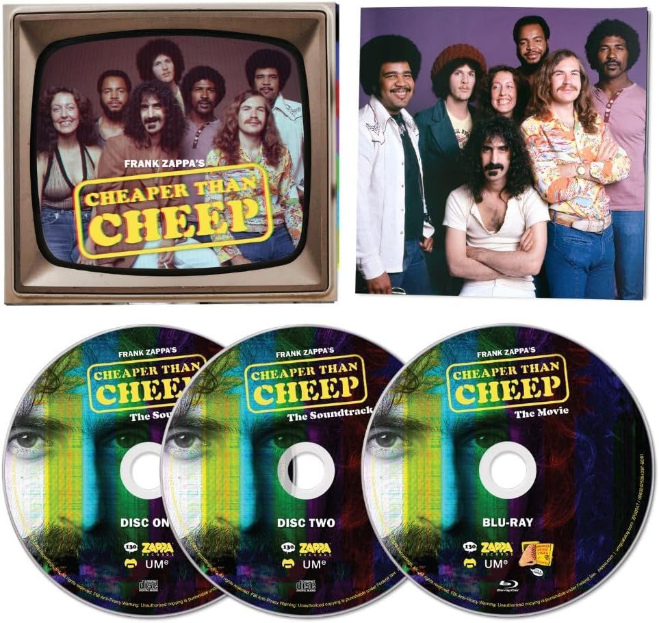 Frank Zappa Cheaper Than Cheep deluxe edition featuring vintage TV-style cover artwork, band photo from the 1970s, and three discs including two soundtrack CDs and a Blu-ray concert film, official archival music release from Utopia Records.