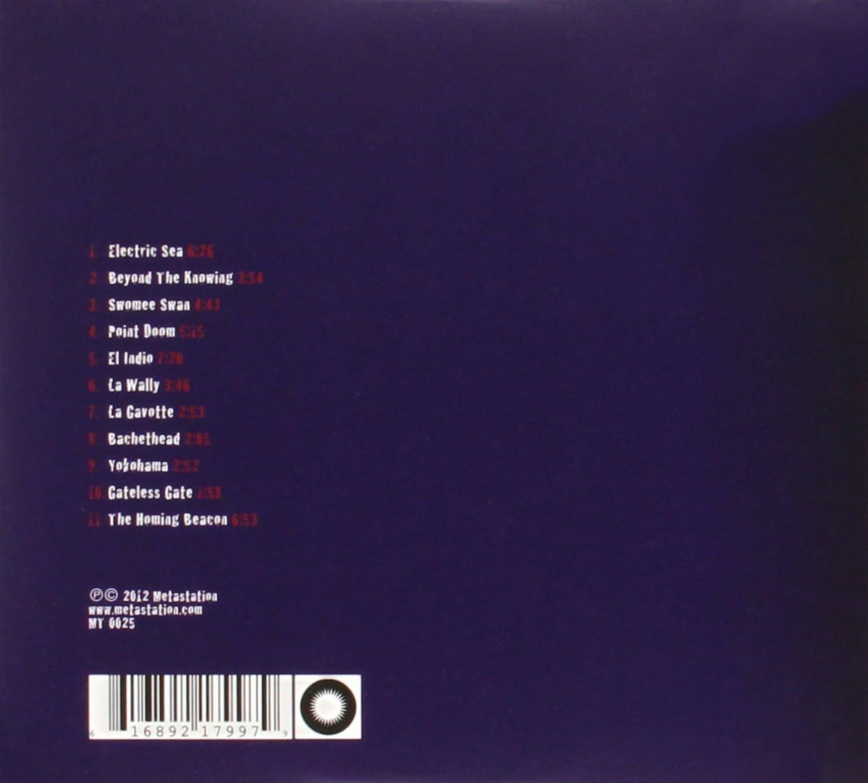 Back cover of Buckethead Electric Sea album featuring a dark purple gradient background with the full tracklist listed on the left, Metastation copyright details and barcode at the bottom, instrumental guitar album artwork available from Utopia Records.