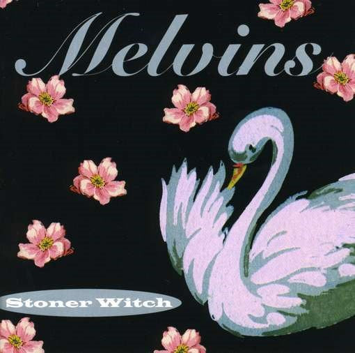 Melvins Stoner Witch album cover featuring a pale pink swan with raised wings on a black background, surrounded by small pink flowers, with the Melvins logo at the top and Stoner Witch title below, official vinyl artwork from Utopia Records.