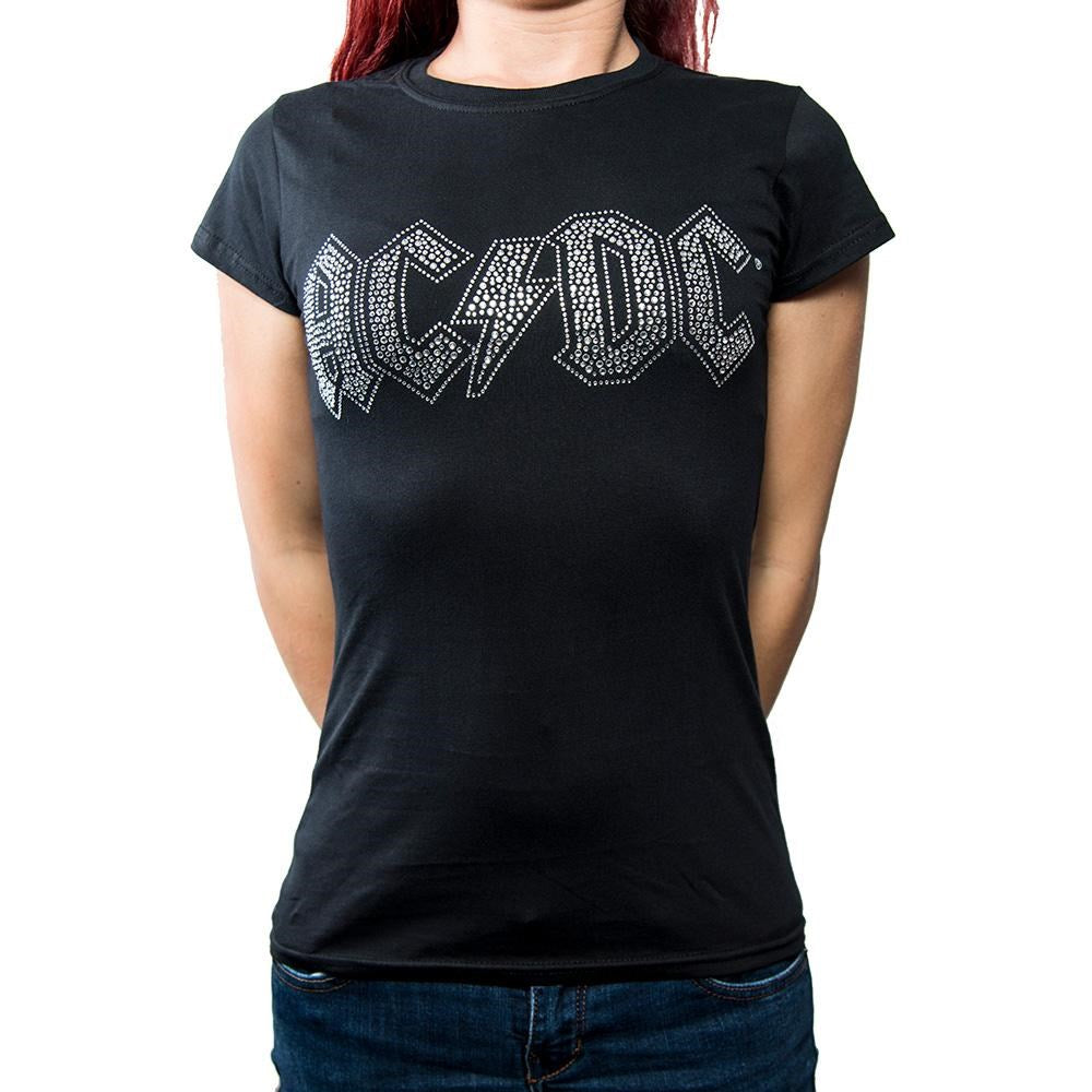 ACDC - Logo Silver Diamante Womens Fitted Black Shirt - 100% Official Merchandise