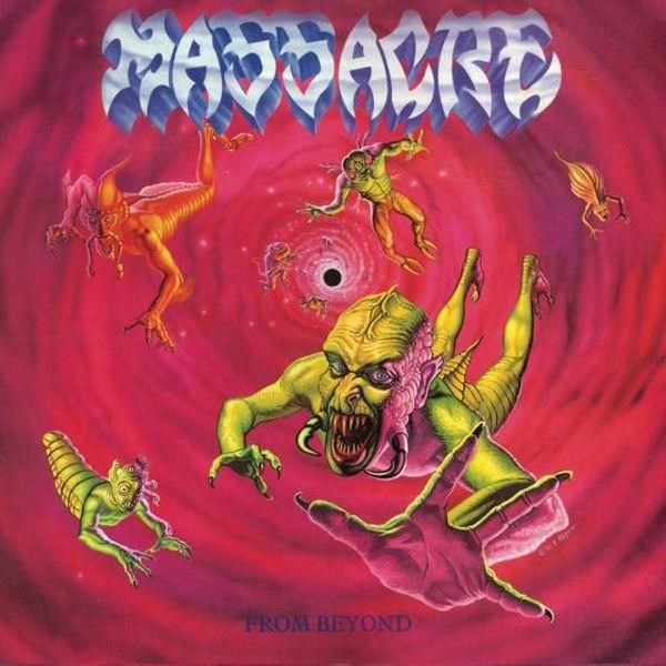 Alt text: Massacre From Beyond album artwork featuring a vivid red and pink swirling vortex with grotesque green alien creatures reaching toward the viewer, classic sci-fi horror illustration style associated with early death metal album covers.