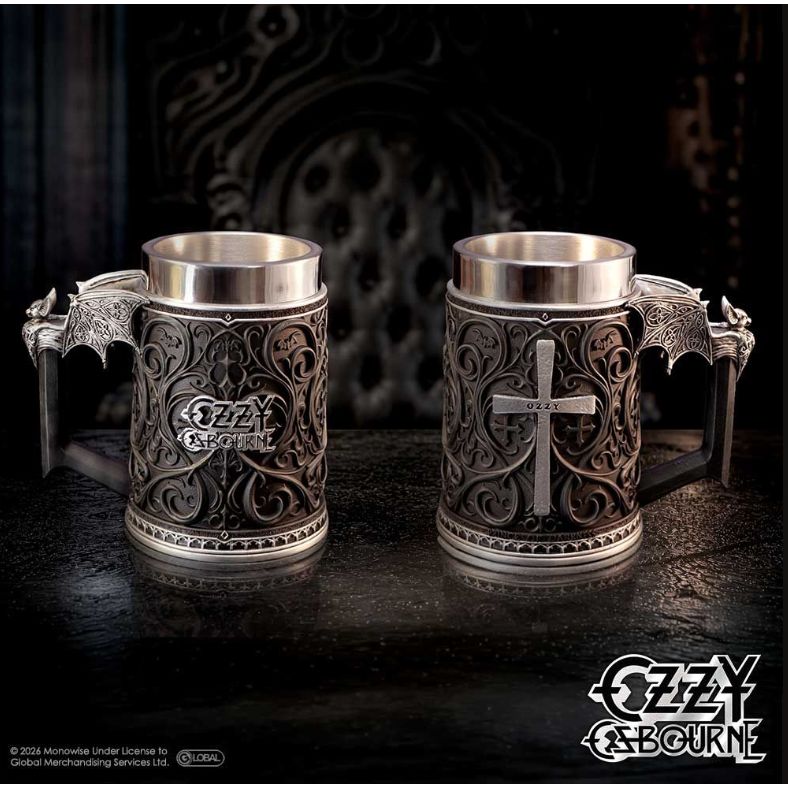 Osbourne, Ozzy - Tankard Logo and Cross - Pint (560ml) 14.5cm high quality resin cast w. removable stainless steel insert - COMING SOON
