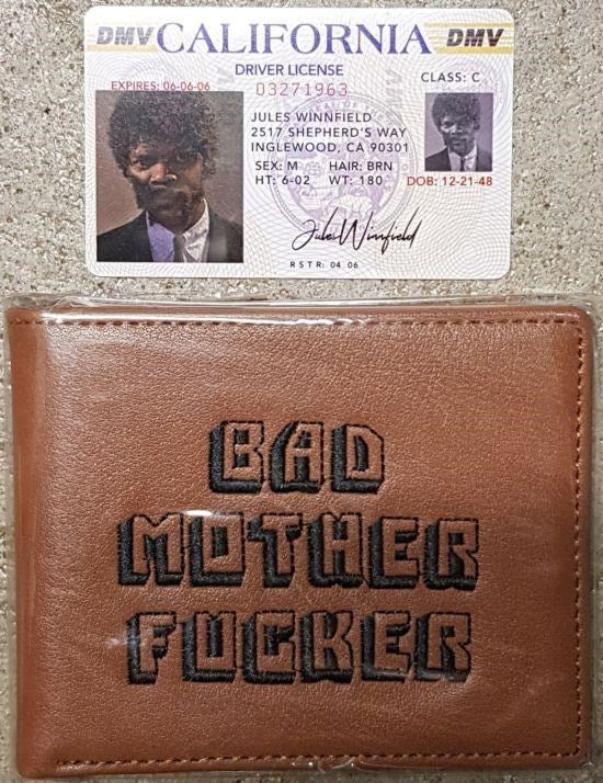Pulp Fiction - Bad Mother Fucker Wallet and Jules Driver License (Made In USA) - Bi-Fold Wallet - Leather - Embroidered